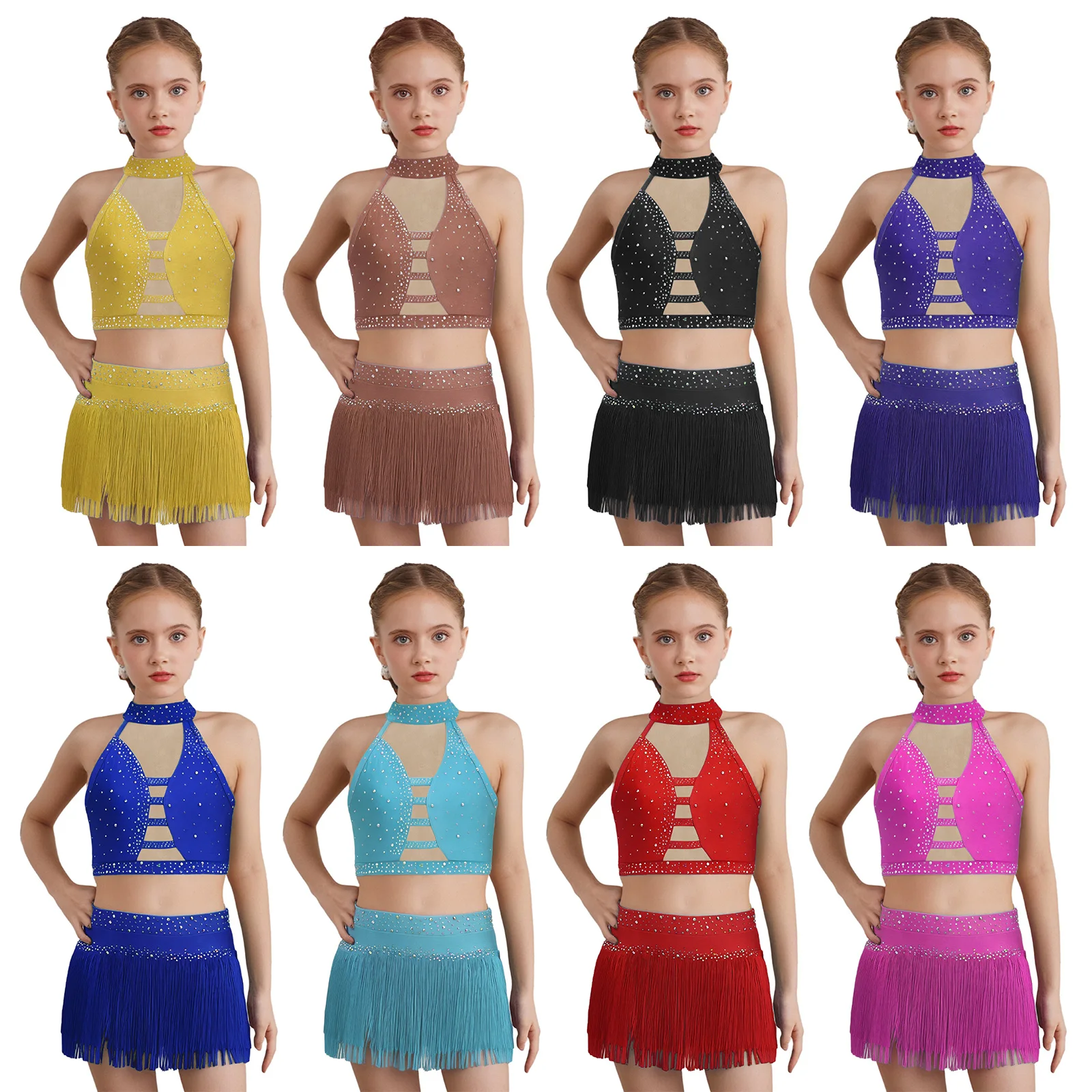 

Children Girls Shiny Rhinestones Latin Jazz Dance Outfit Crop Top with Tassel Briefs Skits for Cha-cha Samba Rumba Salsa Lyrical