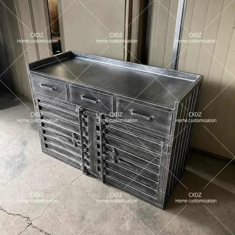 Industrial Wrought Iron Side Cabinet Storage Locker for Restaurant Bar Pantry Metal Cupboard with Shelves Home Office