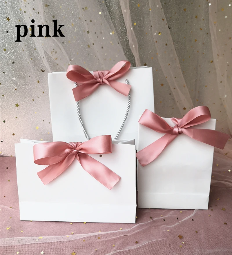 10pcs pink Gift Bag Present Paper Bag With Ribbon Wedding  Pack Box Favors Birthday Party Bags /Pajamas Clothes Wig Packaging