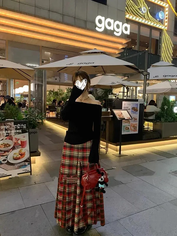 

Красная клетчатая юбка-парео в рабочем стиле с высокой талией, А-силуэт, пэчворк, плиссированная, длинная, женская, осенне-зимняя, уникальный дизайн, макси-длина