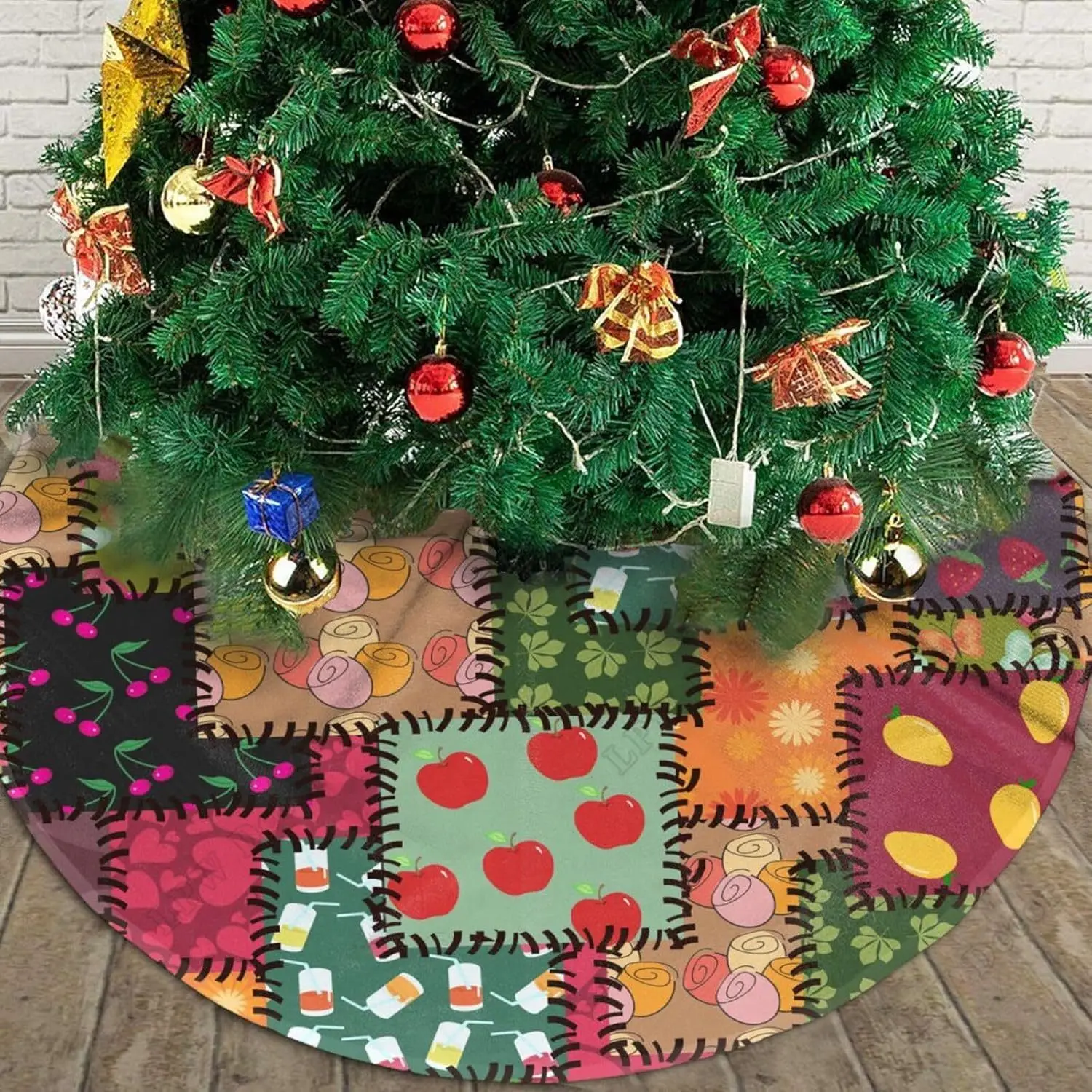 Patchwork Fruit Christmas Tree Skirt for Xmas Halloween New Year Holiday Party Home Tree Mat Decor Ornaments Decoration