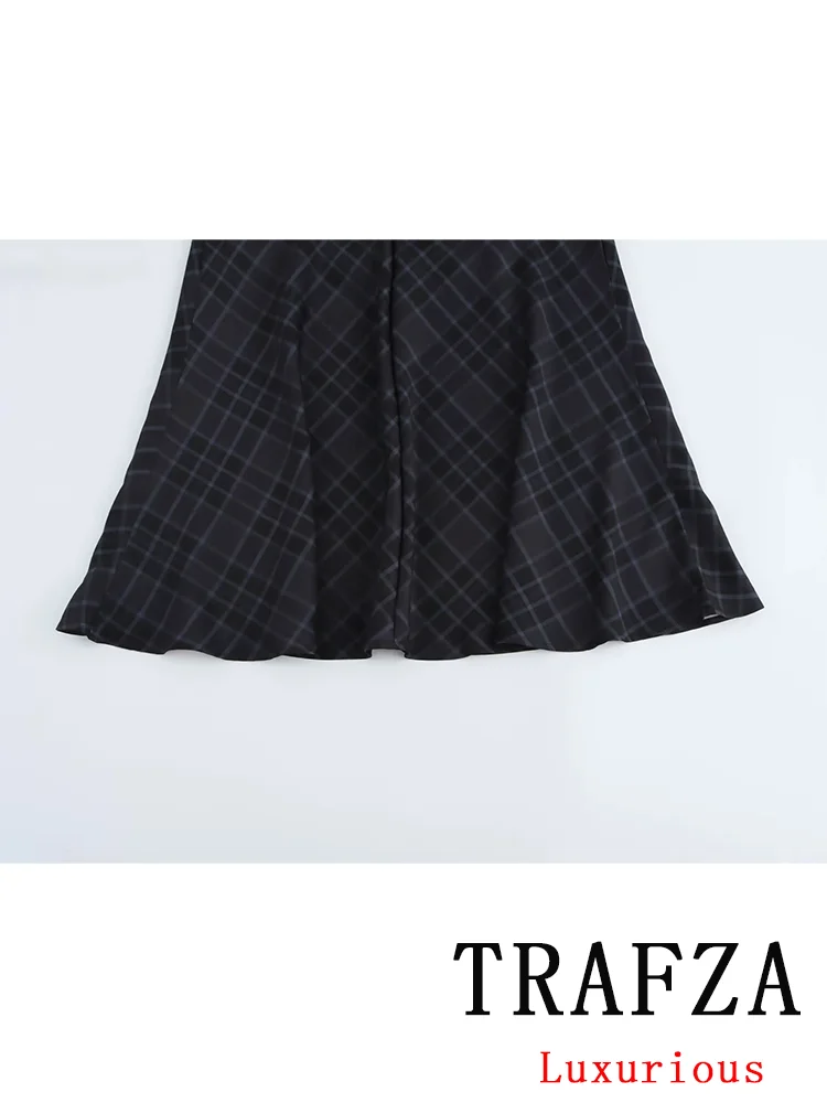 TRAFZA Vintage Casual Chic Women Skirt Plaid Zipper Long A-Line Skirt New Fashion 2024 Autumn Winter Holiday Female Long Skirt