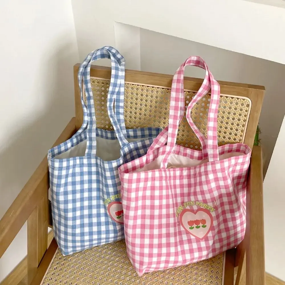 New Fashion Sweet Pink Blue Plaid Tulip Tote Bag Handbag with Phone Pouch Student Large Capacity School Bag Single Shoulder Bag