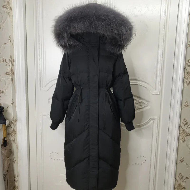 Russian Winter Down Coats Solid Hooded Women Thick Puffer Jackets Fox Fur Collar Drawstring Belt Casual Long Outwear Overcoats