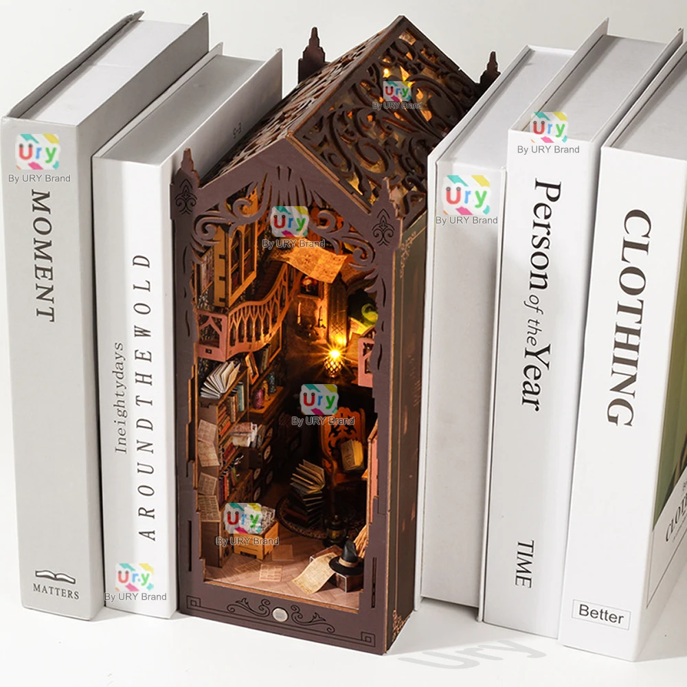 Ury 3D Wooden Puzzle Magic Induction Light LED Book Nook Shelf Insert Kit Miniature Fairy Tale Town Bookshelf Toy Girl Xmas Gift