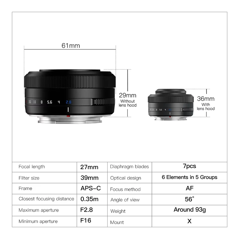 TTArtisan AF 27mm F2.8 XF Auto Focus APS-C Camera Lens Compatible with XF-Mount Cameras XS10 X-A5 X-A7 X-M1 X-M2 X-E4 X-T1 X-T10