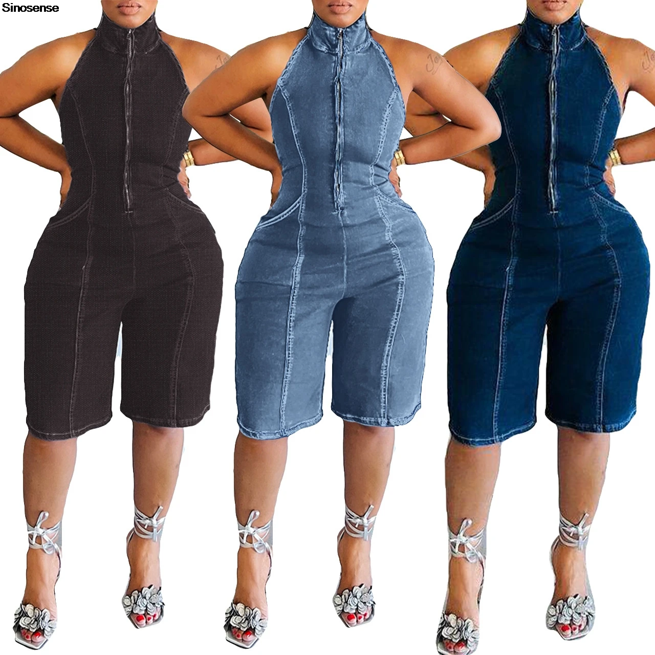 

Womens Baggy Vintage Distressed Short Denim Jumpsuit Sexy Halter Sleeveless Backless Zipper Elastic Waist Jean Utility Rompers