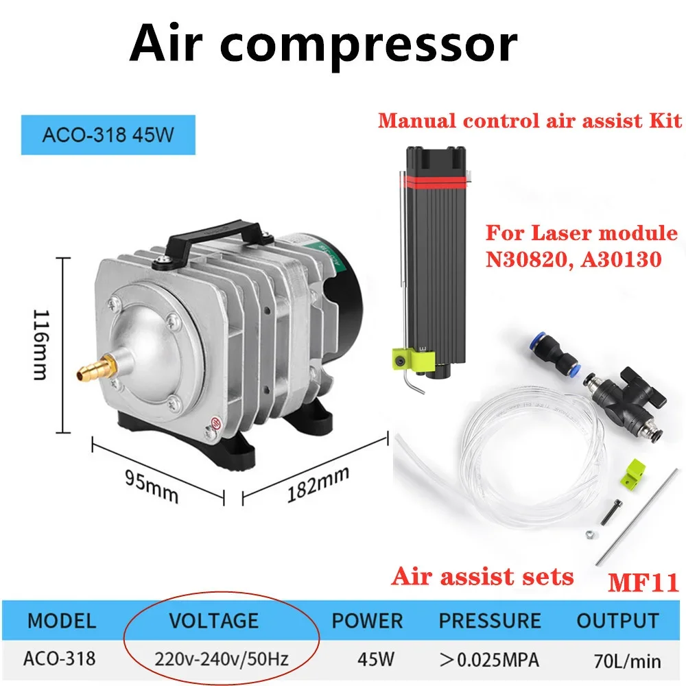 NEJE-grabador de bomba de asistencia de aire, velocidad ajustable, compresor de bajo ruido, Kit de boquilla de asistencia de aire, 45W, 70l/Min