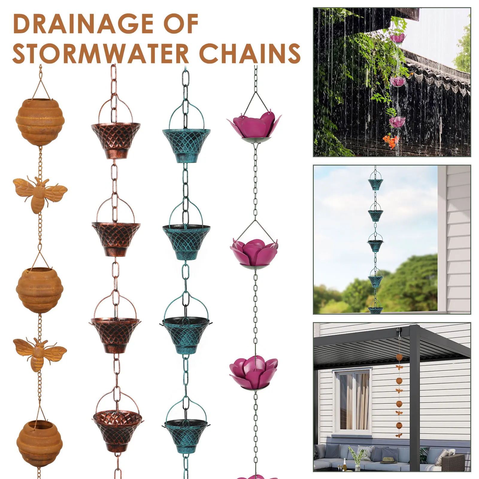 

Rain Chain for Gutter Downspout Decorative Metal Rain Catcher Diverter with Hook for Windowsill Garden Patio Courtyard