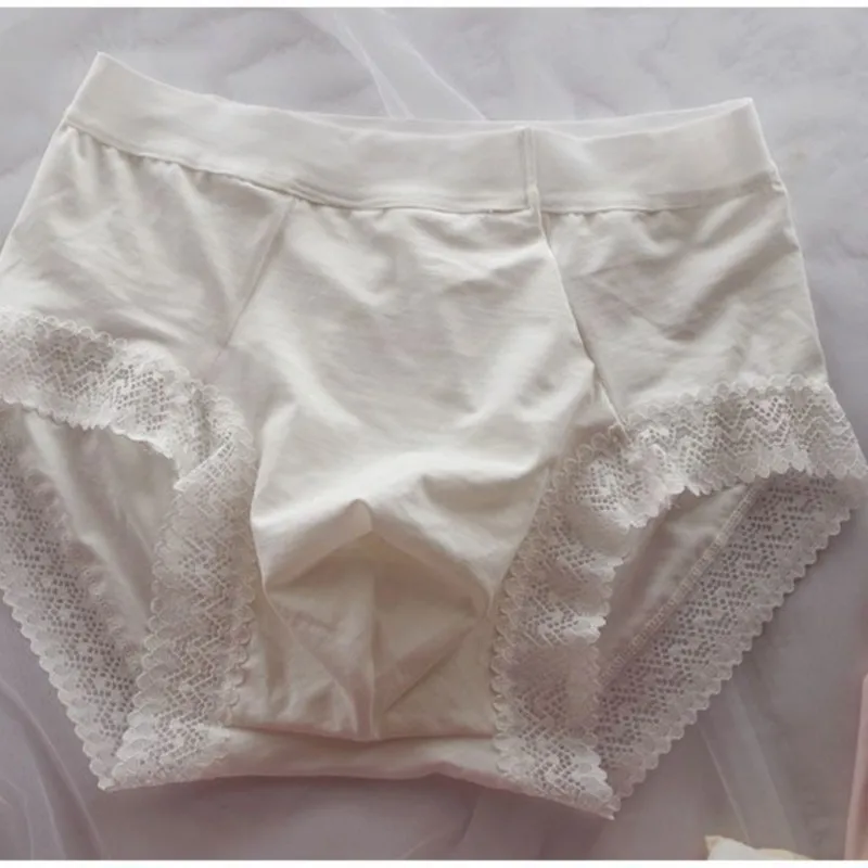 Sweet Cute Sexy Men's Mid Waist Underwear Lace Edge Solid Color Modal Soft Thin Briefs Sissy Private Party Panties BF