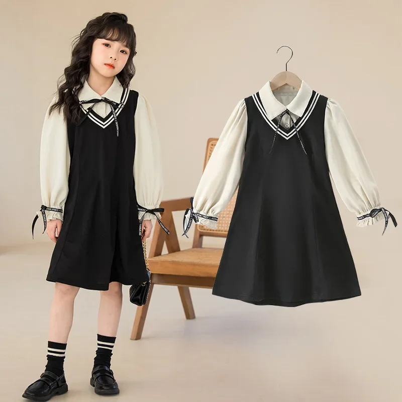 Girls' Dress Spring and Autumn Fake Two Pieces Long Sleeve Academy Style Skirts Kids Dresses for 5-14 Year Old Girls 4-6y 7-12y