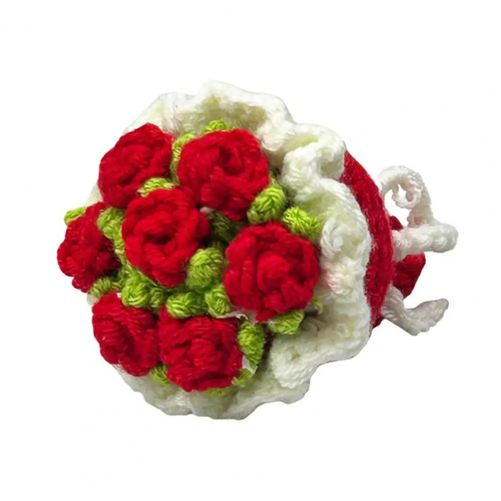 Hand-woven Floral Bouquet Handmade Crochet Rose Bouquet Knitted Floral Ornament Hand Woven Flower Centerpiece for Table