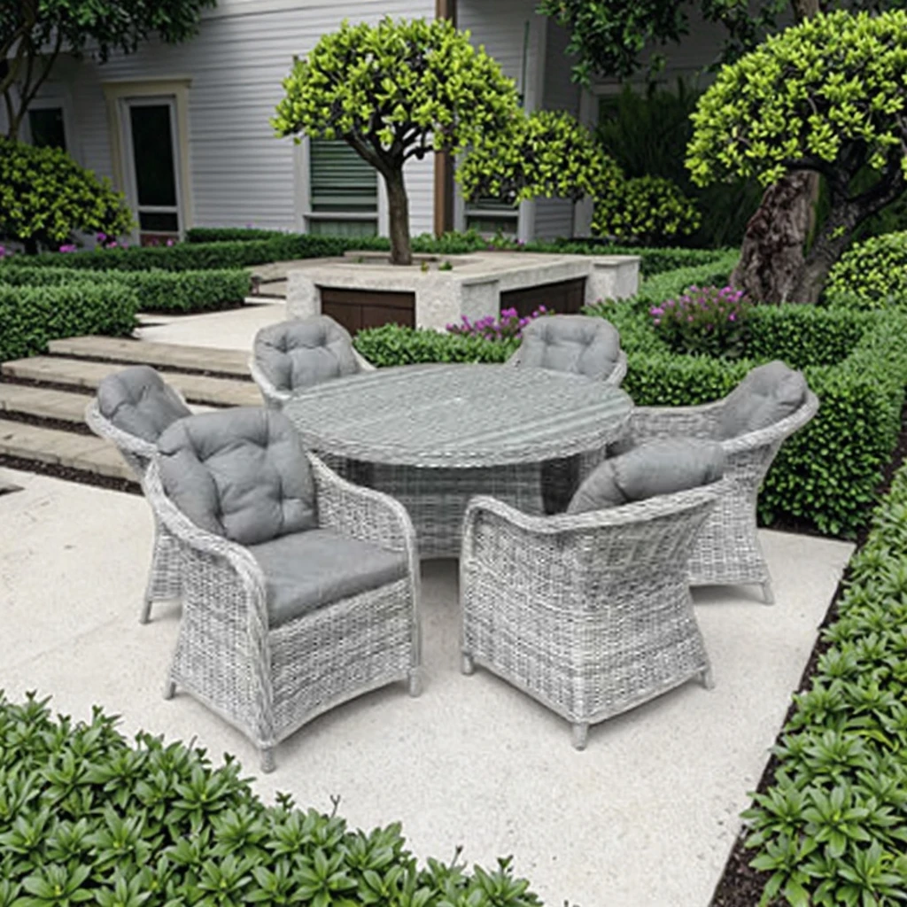 

Modern Luxury 7pcs Rattan Wicker Garden Furniture 6 Seater Dining Table Set for Outdoor Dining Courtyard Farmhouse Aluminum