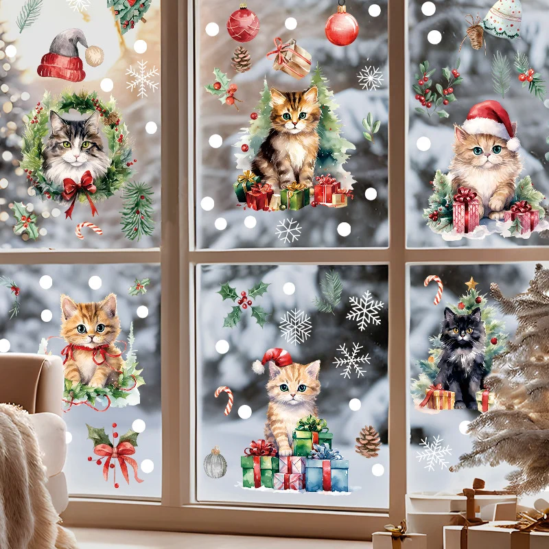 6PCS/a set of Christmas wall stickers, cute animal Christmas cat window decoration window stickers, cartoon cat window stickers