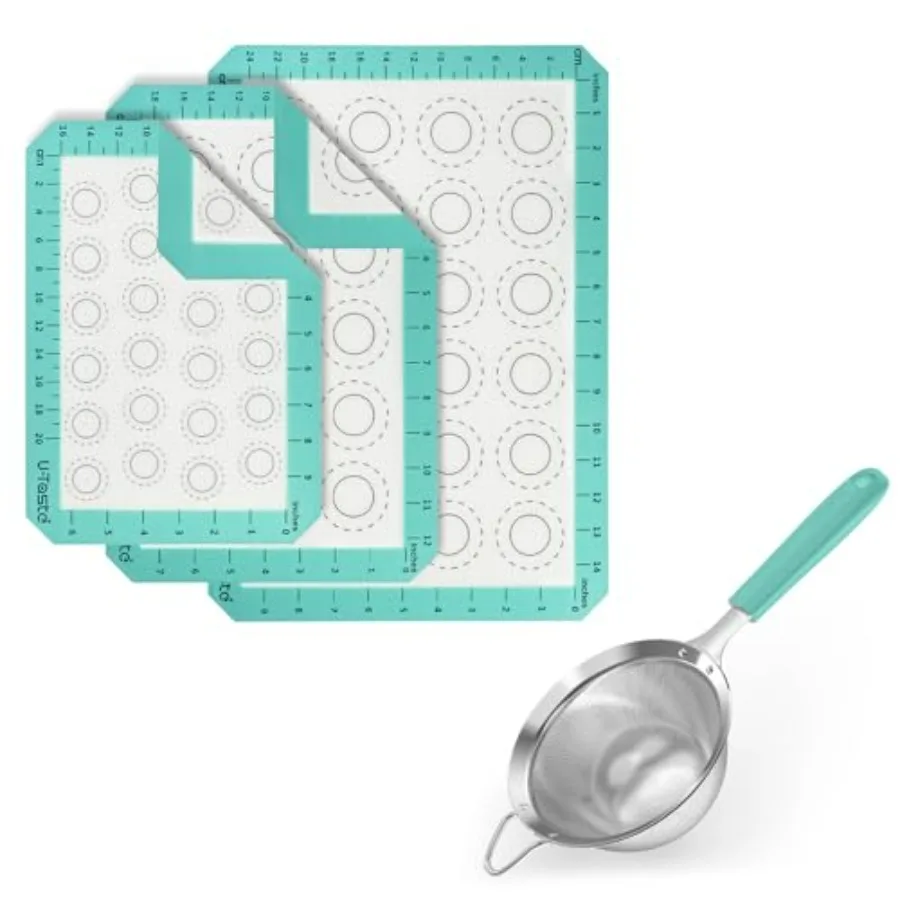 

446ºF Heat Resistant Macaron Silicone Baking Roasting Oven Mat (Set of 3), and 18/8 Stainless Steel 4.73in Medium Fine Mesh Stra