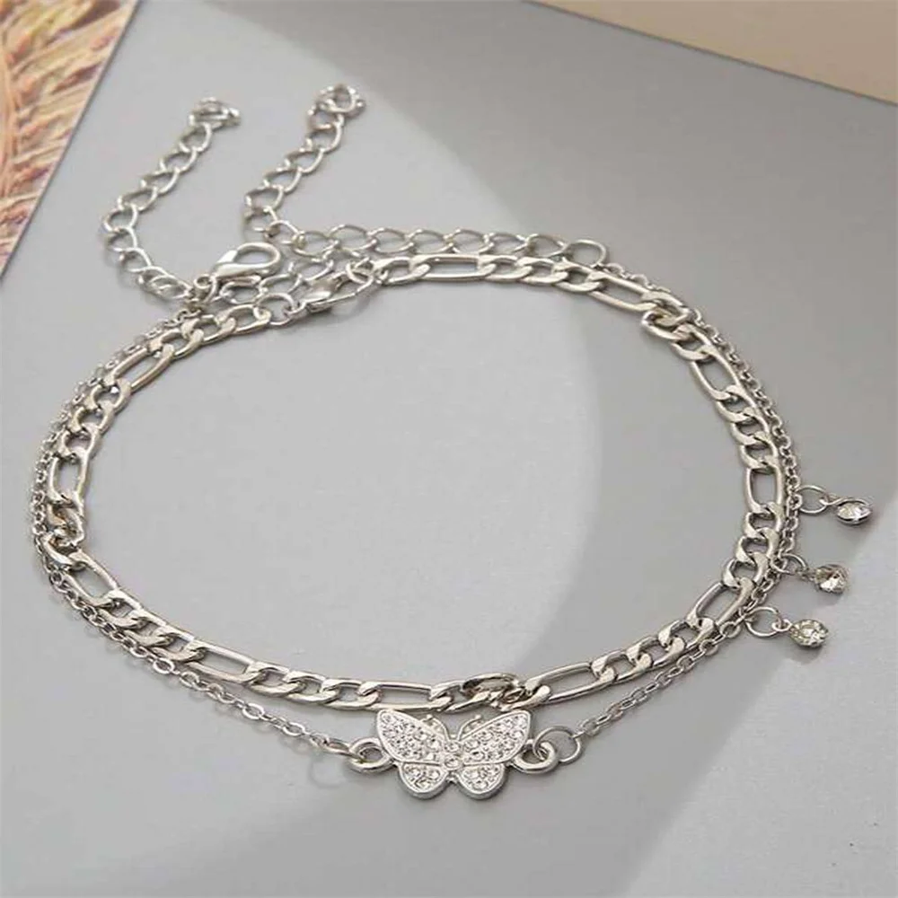 Boho Anklet Foot Chain Summer Bracelet Tassel Crystal Butterfly Pendant Charm Anklet Sandals Barefoot Beach Foot Bridal Jewelry