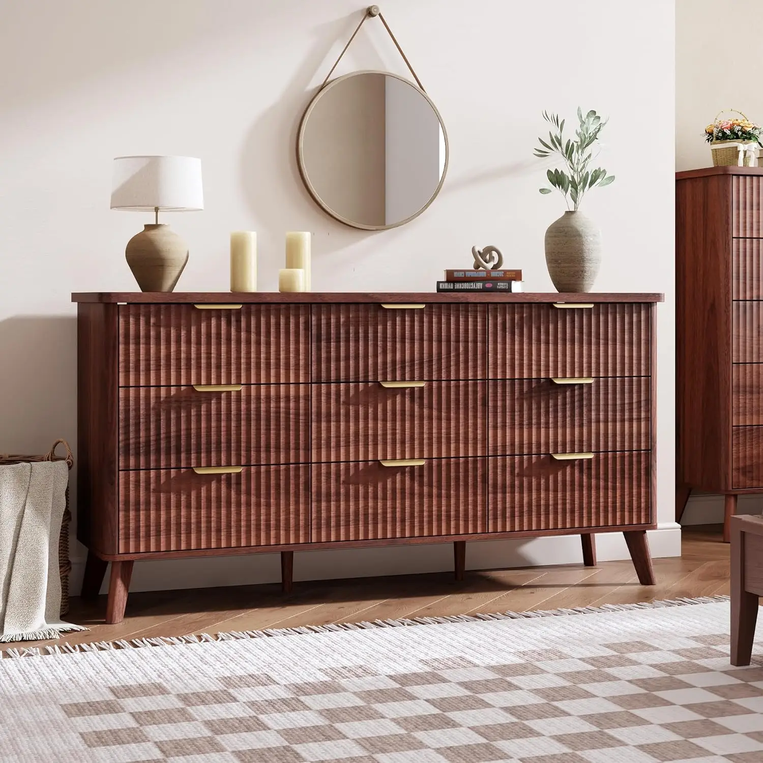 Walnut Wooden 9 Deep Drawer Fluted Dresser with Curved Profile for Bedroom, Living Room, Kids Room, Hallway view 3