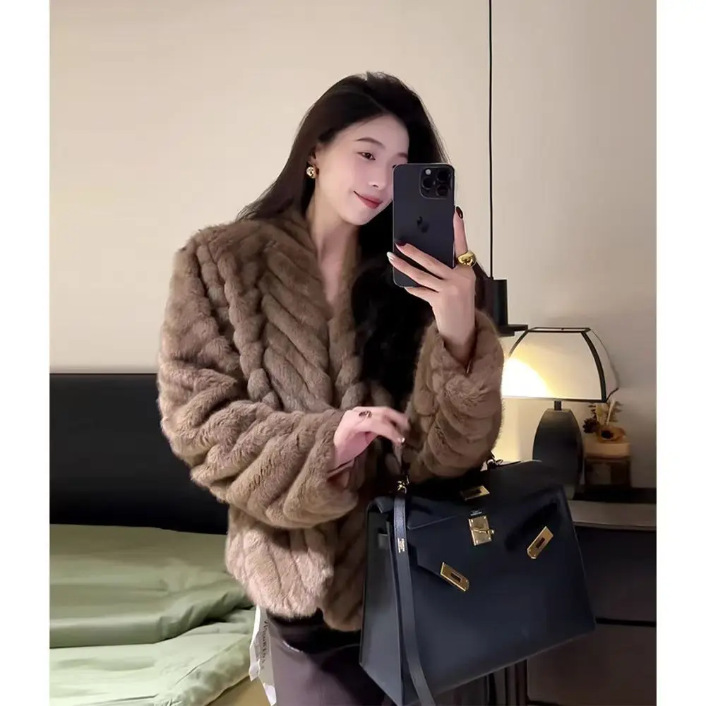Elegant V Neck Herringbone Short Faux Mink Fur Jacket Women Long Sleeve Plush Jackets Woman Autumn Winter Fluffy Warm Outerwear