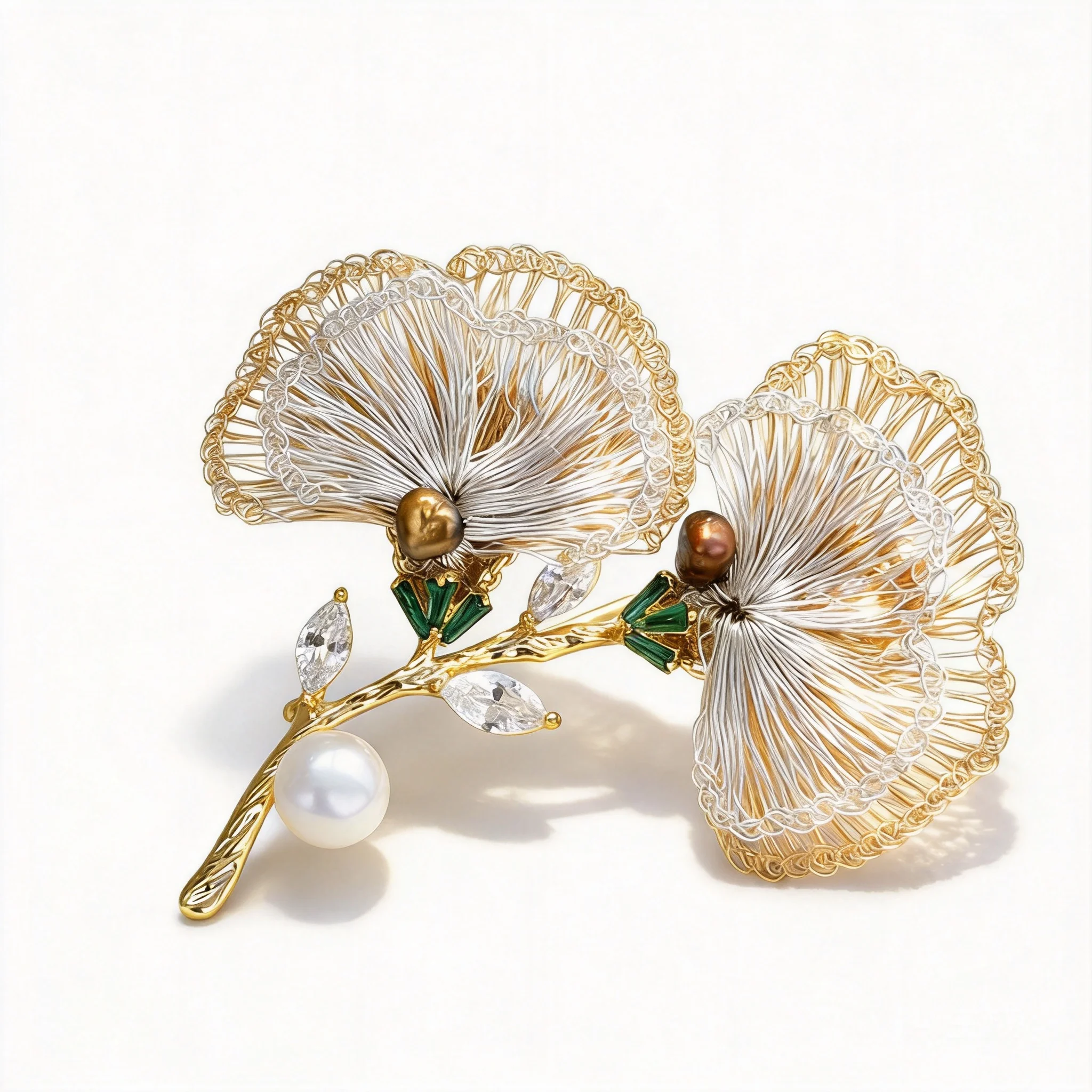 Chinese Style Lucky Blessing Ginkgo Leaf Brooch Handmade Woven Two Tone Gold Plated Pearl Zircon Elegant Brooches For Women Dail