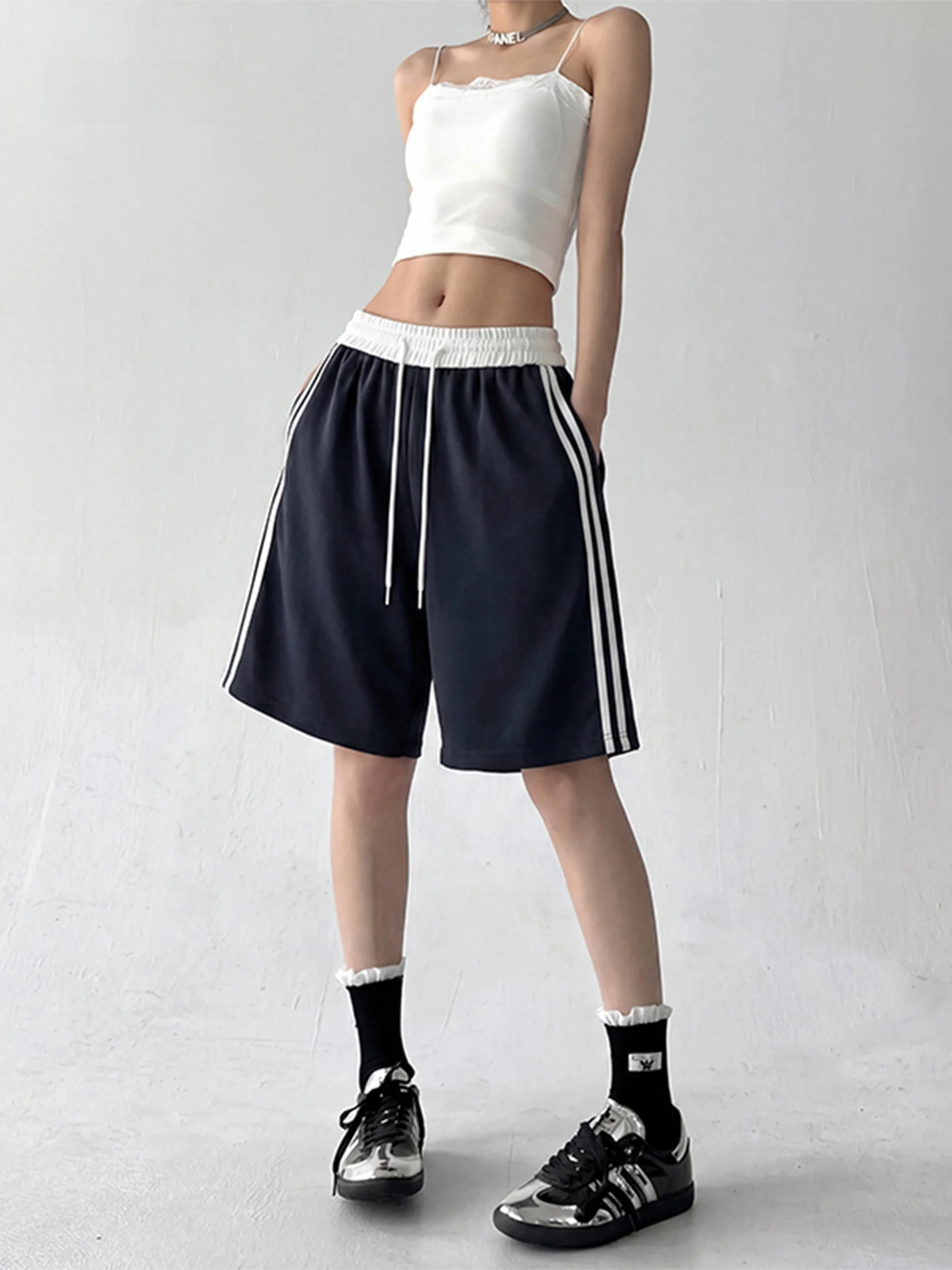 

American Color Block Stripe Splicing Shorts Women Summer College Style A-Line Sports Loose Casual Wide Leg Five-Quarter Pants