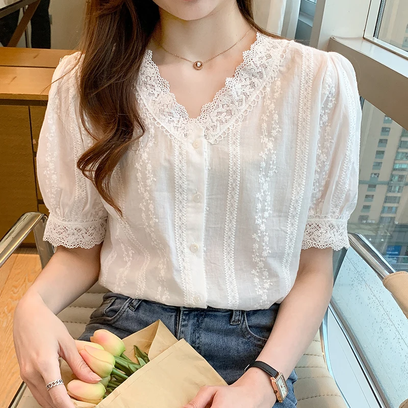 Summer Short Sleeve White Blouse Women Lace V-Neck Blouse Shirt Blusas Mujer De Moda 2024 Verano Women Tops Blouses Shirts F452