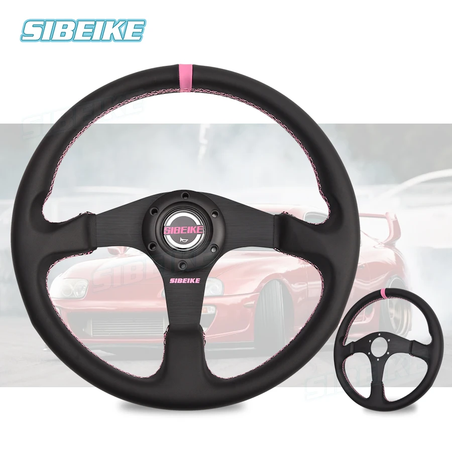 SIBEIKE JDM Racing 14inch Leather Flat Steering Wheel Classic Strong Spoke  Modification Drifting Sport Steering Wheel