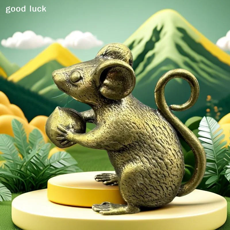Copper Cute Mouse Peach Miniatures Figurines Tea Pet Table Ornament Crafts Brass Animal Rat Statue Home Decorations Accessories