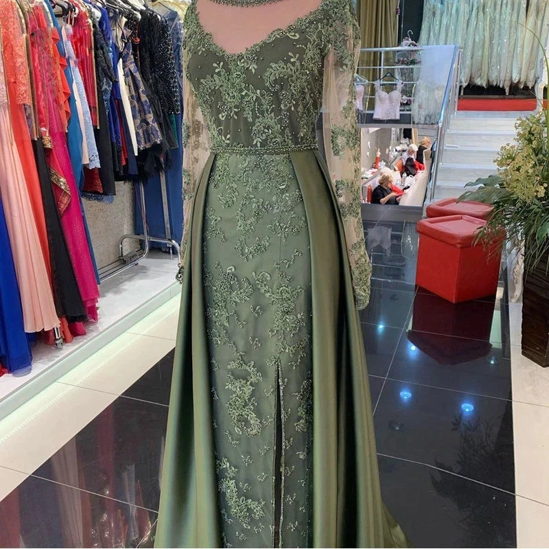 หรูหรา Olive สีเขียวชุดเดรสราตรีลูกไม้ยาวแขนด้านข้างแยก Gowns งานแต่งงาน Stain รถไฟ Invitada Boda 2023 Vestido De