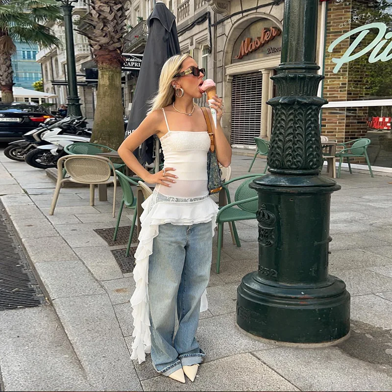 

White Dress Streetwear Summer Women's One-piece Collar Dress with Lace Patchwork Irregular Dress for Women