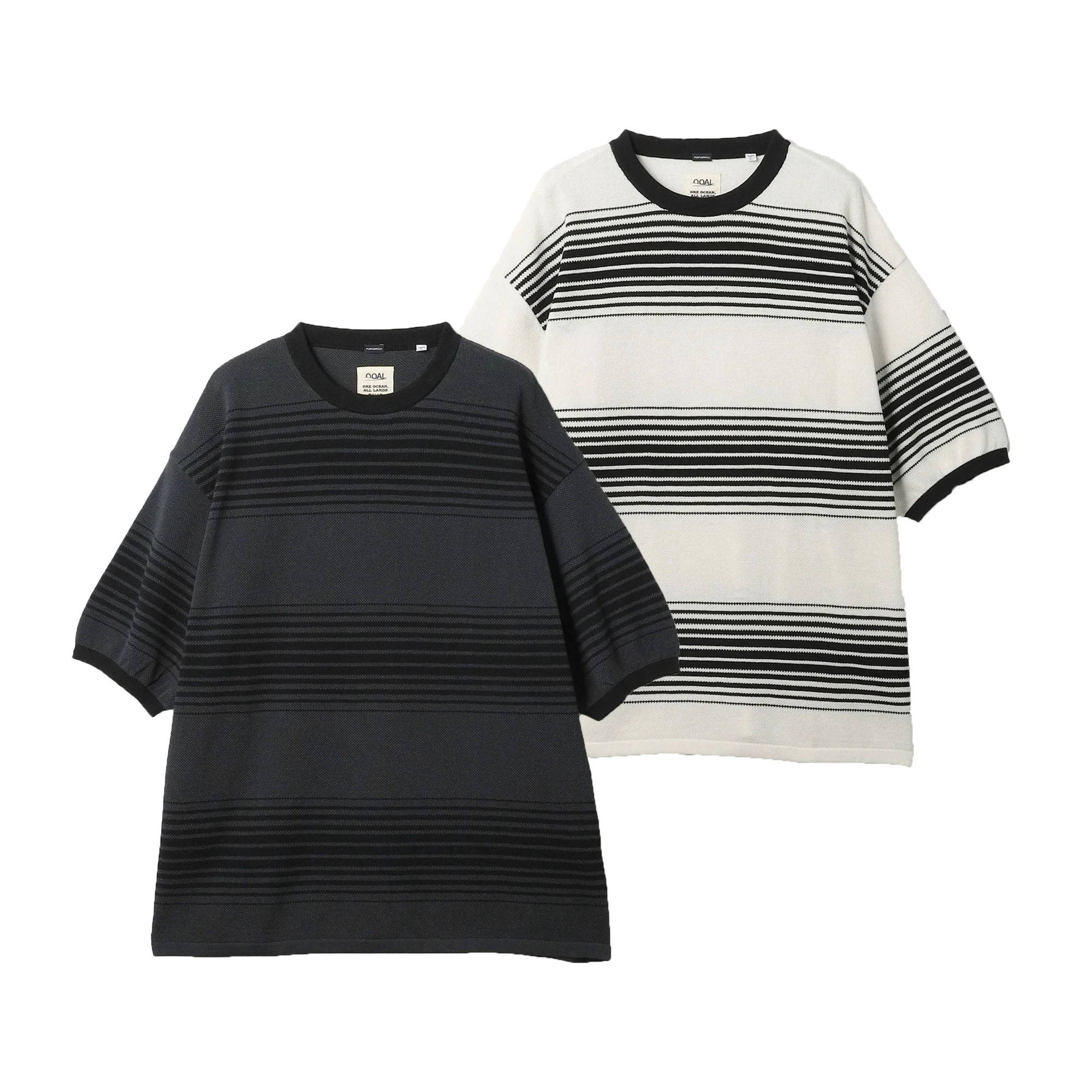 Nanamica Joint Name Monkey Time Heavy Weight Knitted Stripes Short sleeve Pure Cotton Retro Japan fashion round Neck Loose