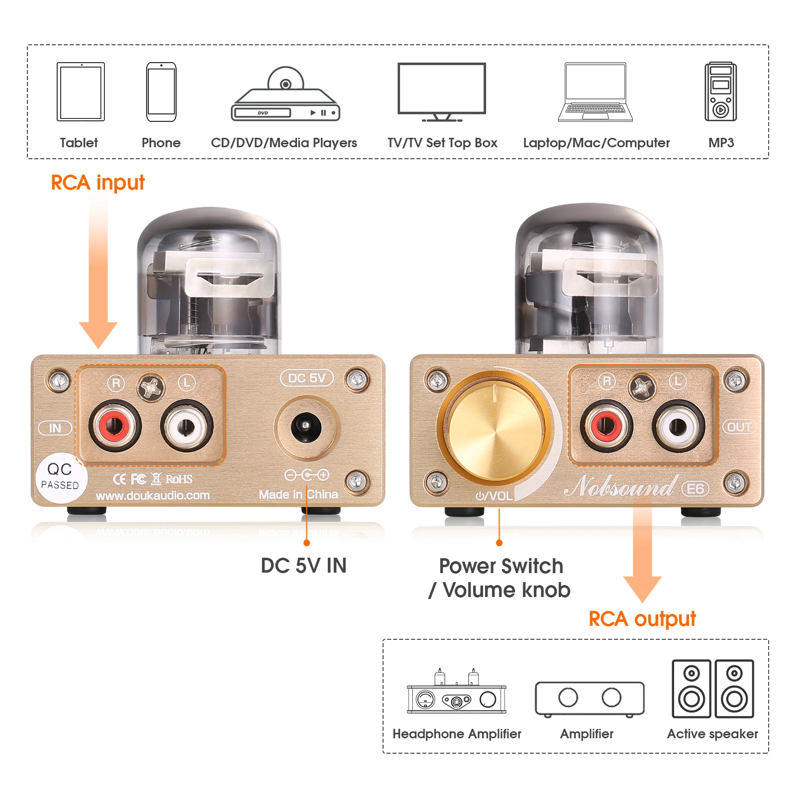 Nobsound E6 Mini Direct Heated Valve Tube Preamp Home Desk Stereo Audio Class A Pre-amplifier