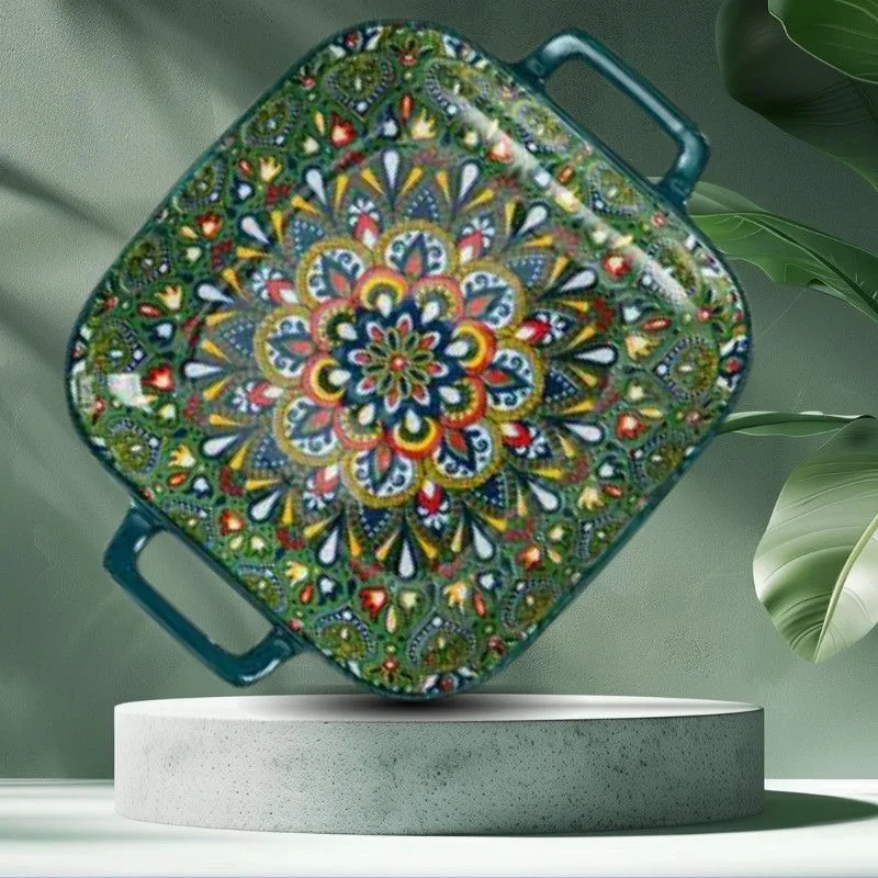 1PC Bohemian Ceramic Binaural Square Plate Beautiful Plate For Home High Appearance Level Plate Fruit Plate Oven Microwave Plate