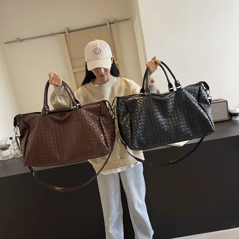 

Men Women's Fashion Weaving PU Leather Travel Duffle Totes Large Capacity Crossbody Shoulder Bags Business Casual Handbags