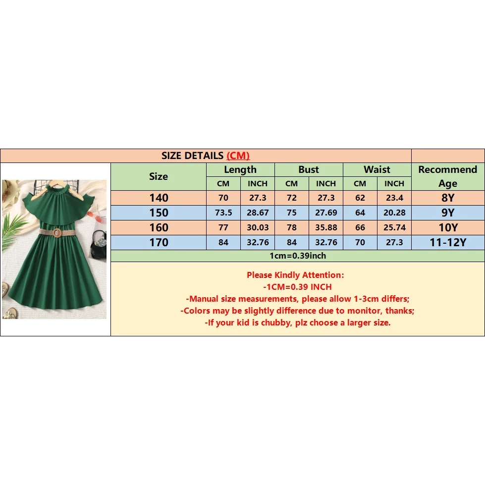 8-12 Years Children Girl Princess Dress Off Shoulder Green Dress with Belt for Kid Girl Summer School Daily Casual A-line Outfit