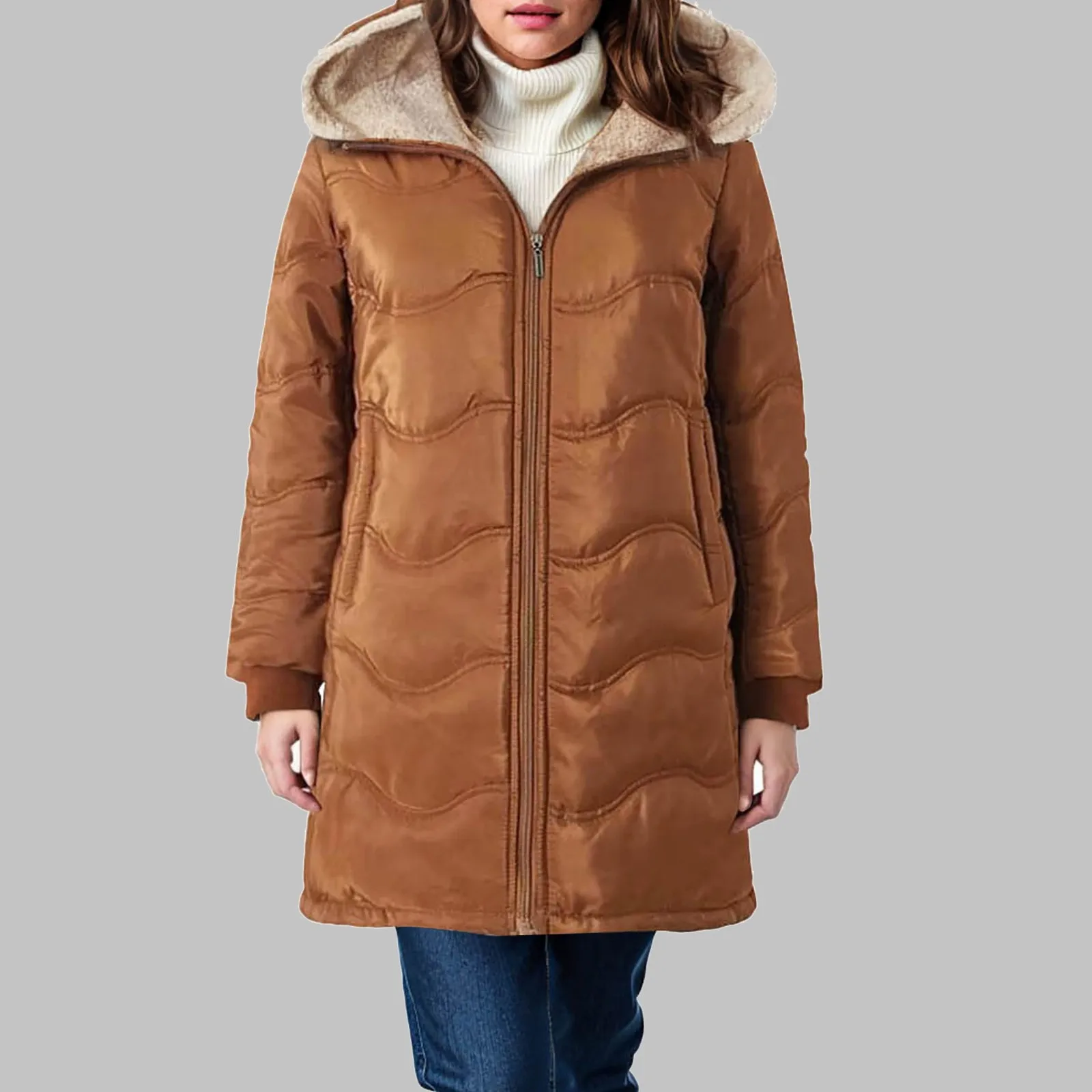 

Thickened Outwear Women Fleece Warm Lined Hooded Casual Oversized Padded Jackets Casual Solid Color Mid Length