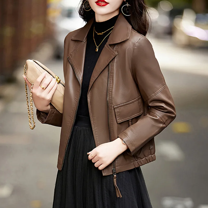 Jaqueta Streetwear com Zíper, Casaco Curto Feminino de Couro Sintético PU com Gola Dobrável, Coleção Outono Inverno NOVO 2026, Ideal para o Trabalho