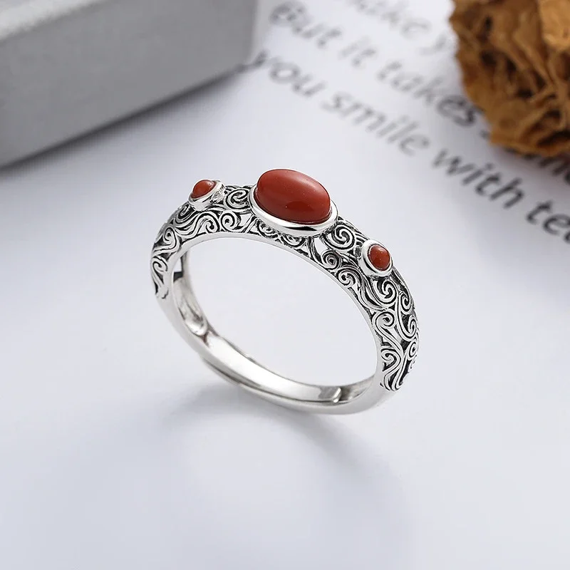 Buddhastone New Retro Old Chinese Pattern Ring South Red Agate Niche Opening Adjustable Temperament Versatile Fashion Jewelry