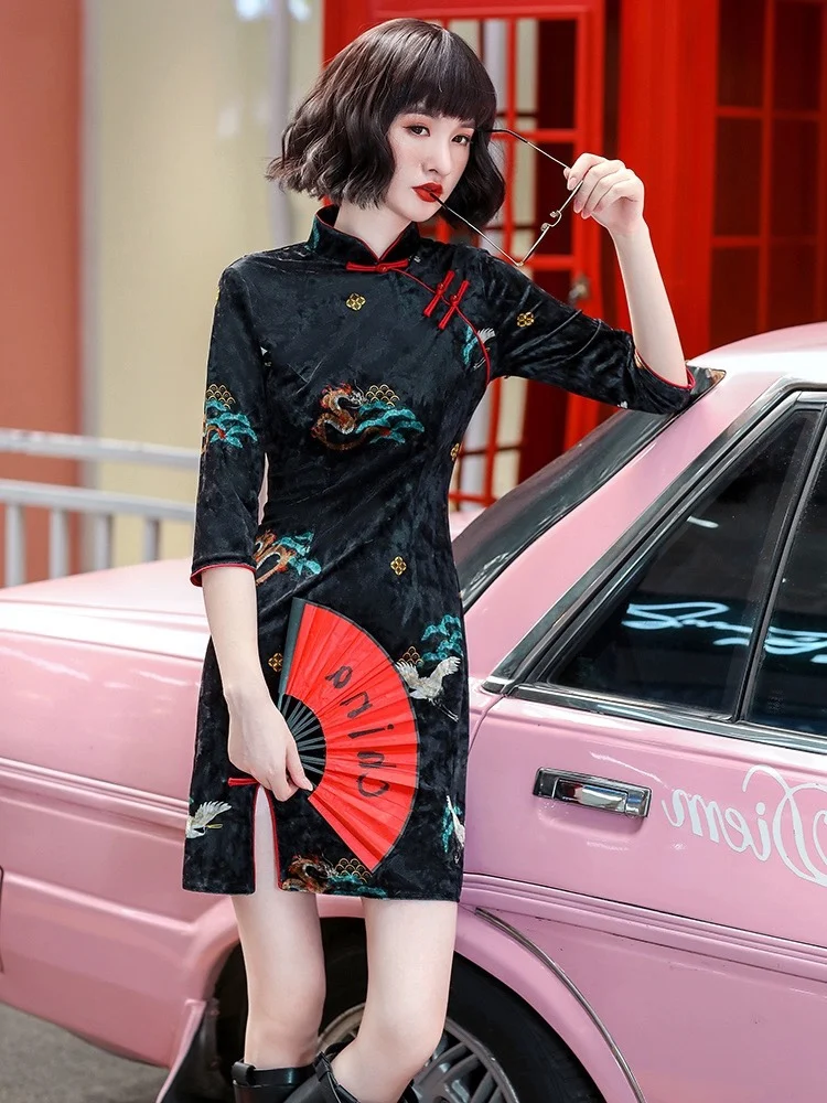 

Velvet Young Sle Long Sve Qipao Dr Retro Chinese Faion ort Length Daily Wear Polyester Fiber ort Flag Robe