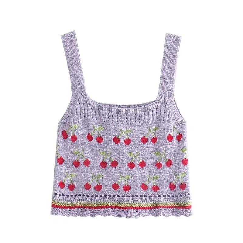 

TRAFZA Summer For Women Jacquard Weave Sleeveless Knitted Short Top Women's Fashion Backless Dew Shoulder Sling Tank Tops Mujer