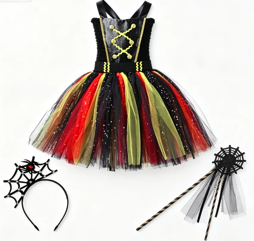 Girls Halloween Party Pirate Sparkly Unique‑Designed Lined Tutu Dress With Magic Wand Accessories Outfit Holiday Role Play Wear