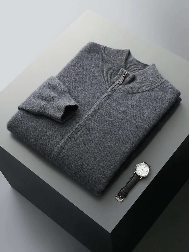 

High Quaity Men's Autumn Winter Zipper Cardigan Mock Neck Thick Sweater 100% Merino Wool Knitwear Smart Casual Basic Coat