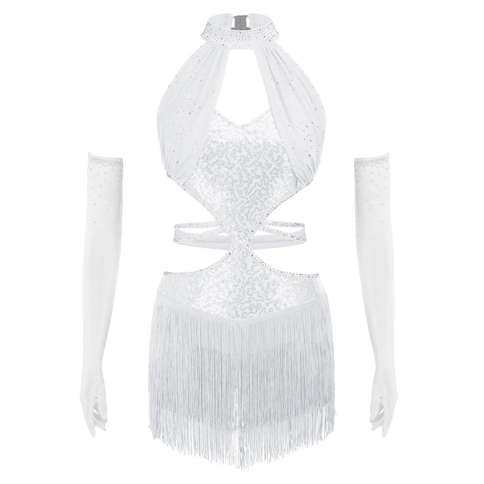 

Women Latin Fringed Dress Sparkly Sequined Sleeveless Tassel Hem Long Gloves for Salsa Cha Cha Rumba Competition Performance
