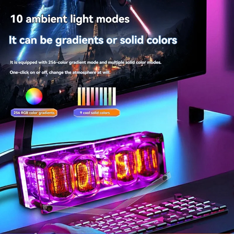 In-12 Glow Tube Clock 4-Digit Retro Nixie Tube Clock with RGB Colorful Light DC5V USB for Desktop and Room Decoration-A46I