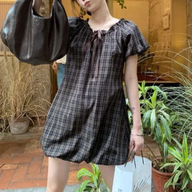 Plaid Dresses for Women Niche Design All-match Puff Sleeve Young Girls Mini Korean Style Students Chic High Street Loose Casual