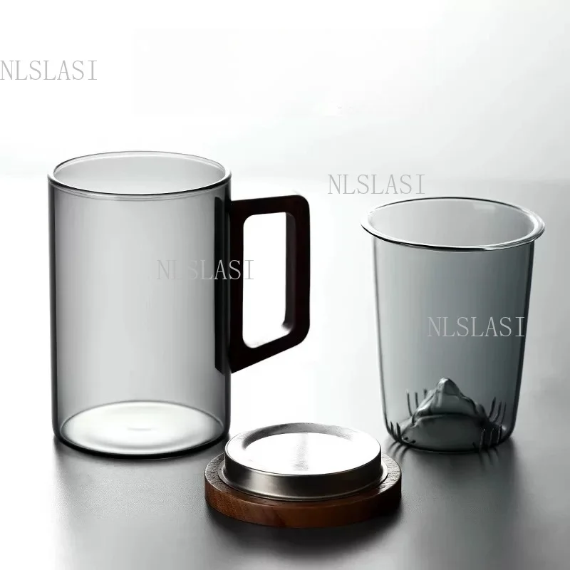 Smoky Gray Double Wall Glass Tea Mug Wooden Handle Built-in Mountain Tea Infuser with Wooden Lid Household Tea Brewing Cup view 3
