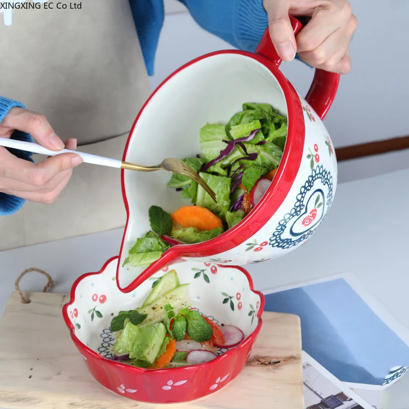 Household Handle Bowl, Ceramic Salad Mixing Bowl, 2000ml Large Capacity Egg Bowl, Kitchen Supplies, ramen，Baking Utensils