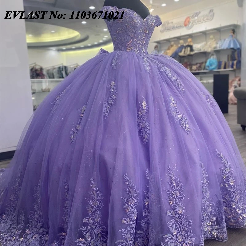 

EVLAST Sparkly Lavender Quinceanera Dress Ball Gown Lace Applique Beading Sequins With Bow Sweet 16 Vestidos De XV 15 Anos SQ65