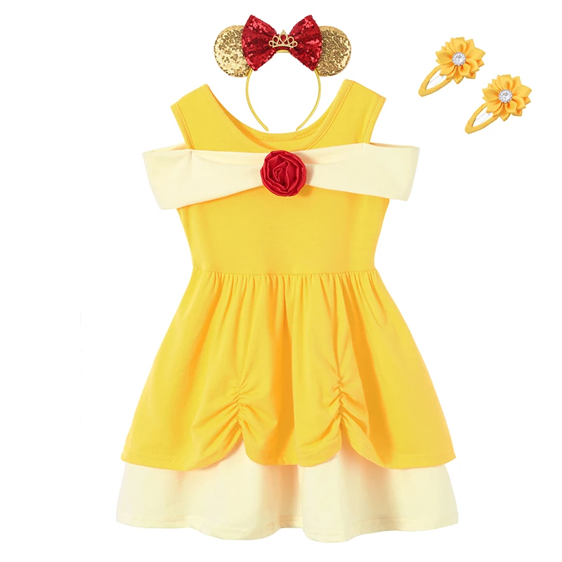 Rose Flower Girl Yellow Belle Princess Children Birthday Party Dresses For Kids Casual Cotton Frocks Girls Boutique Clothes