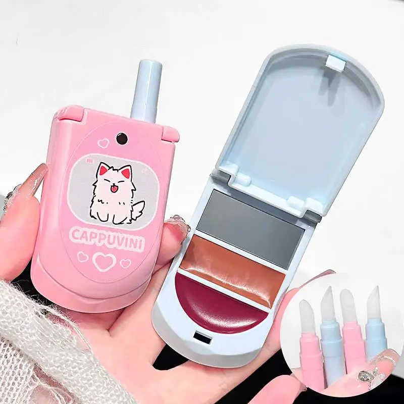 保湿デュアルカラーソリッドリップグロス 内蔵ミラー付きリップブラシ付き フリップフォンデザイン 長持ちするメイクアップリップスティック