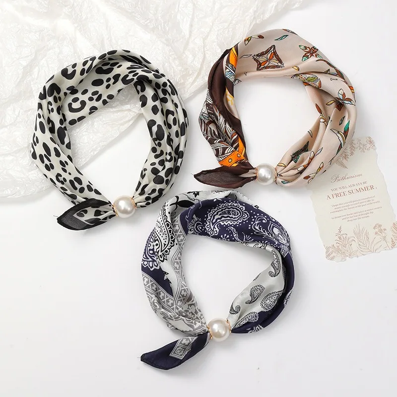 Magnetic Buckle Pearl Triangular Scarf for Spring and Summer Silk Scarf for Neck Protection, Scarf Shirt with Small Scarf